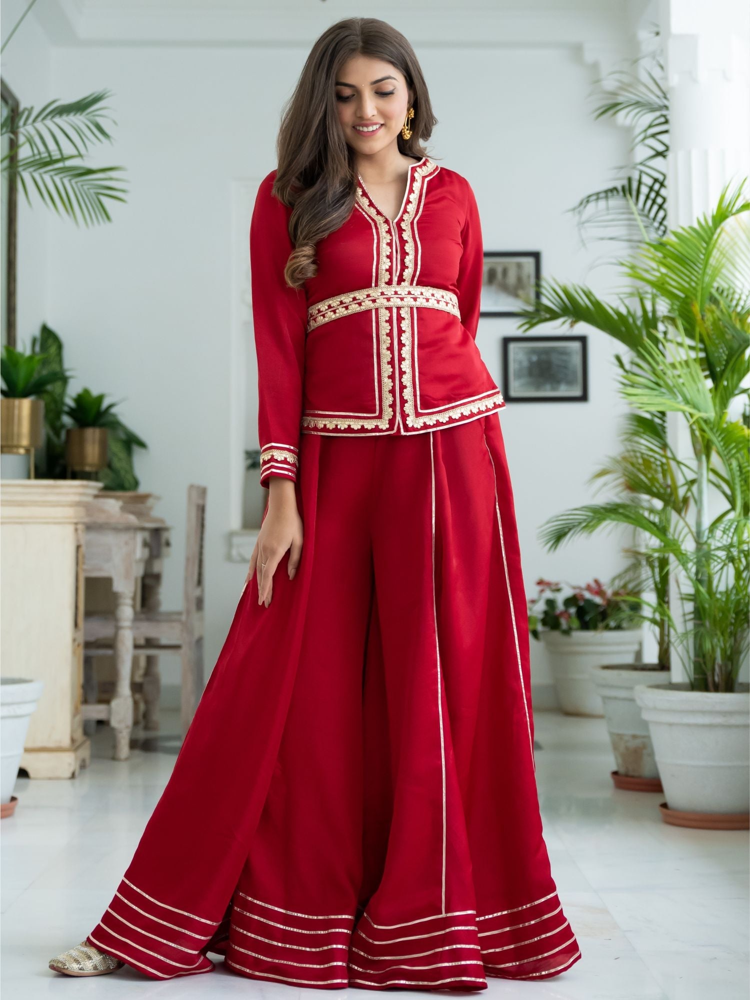 Red Embroidered Silk Blend A-Line Kurta Palazzo Set