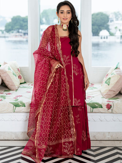 Megenta Cotton Printed Kurta And Sharara Set