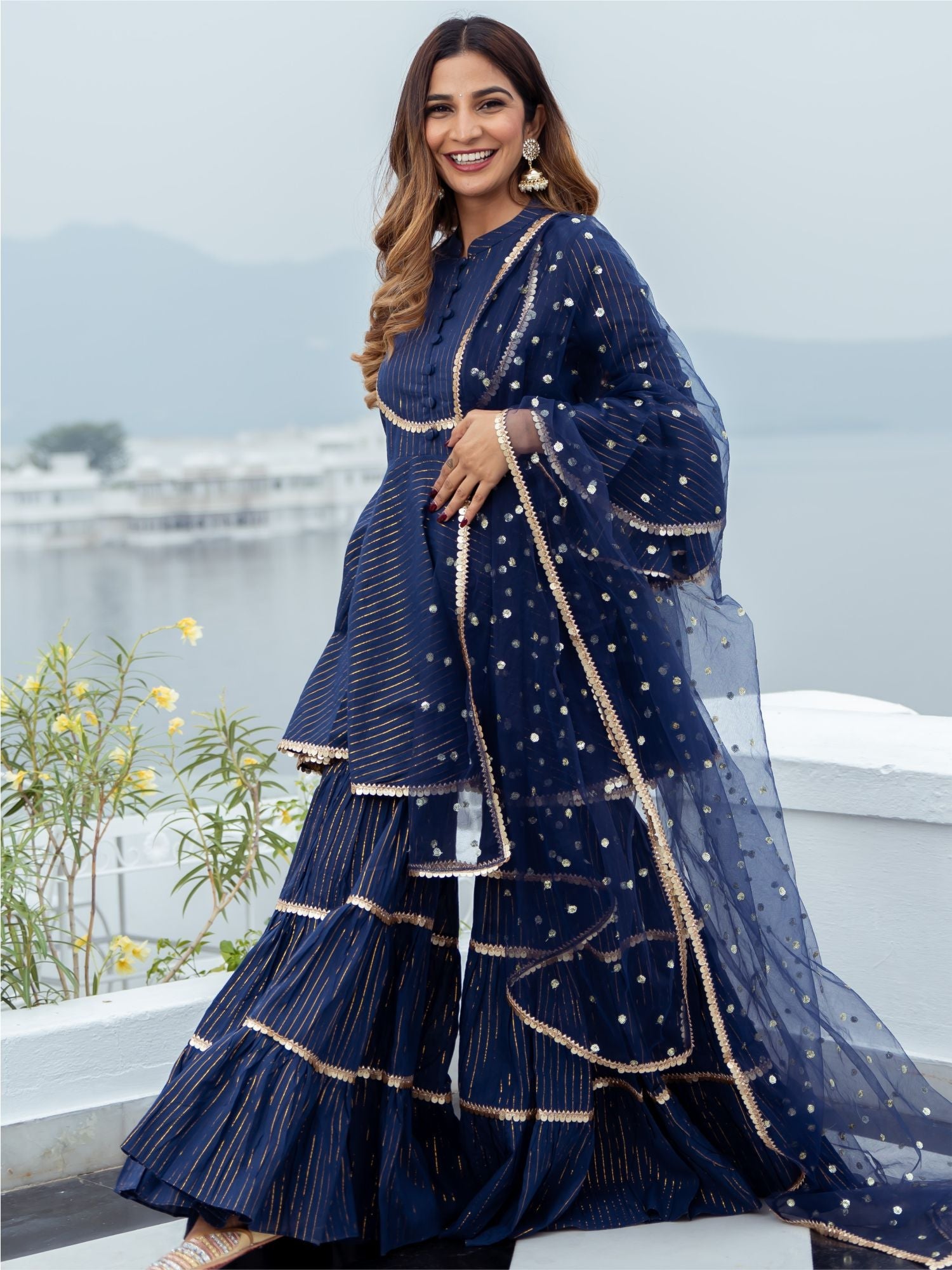 Blue Cotton Lurex Peplum and Sharara Set