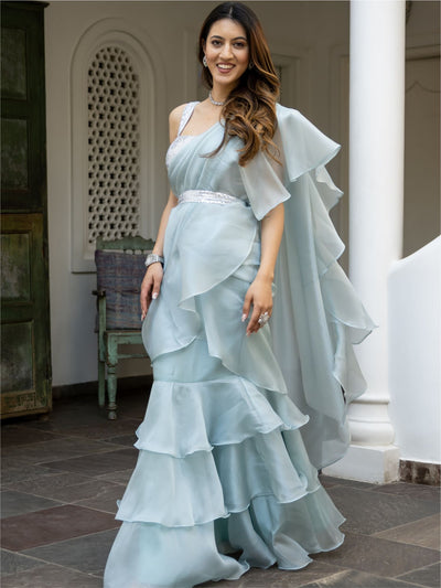 Marian Blue Sequin Organza Saree