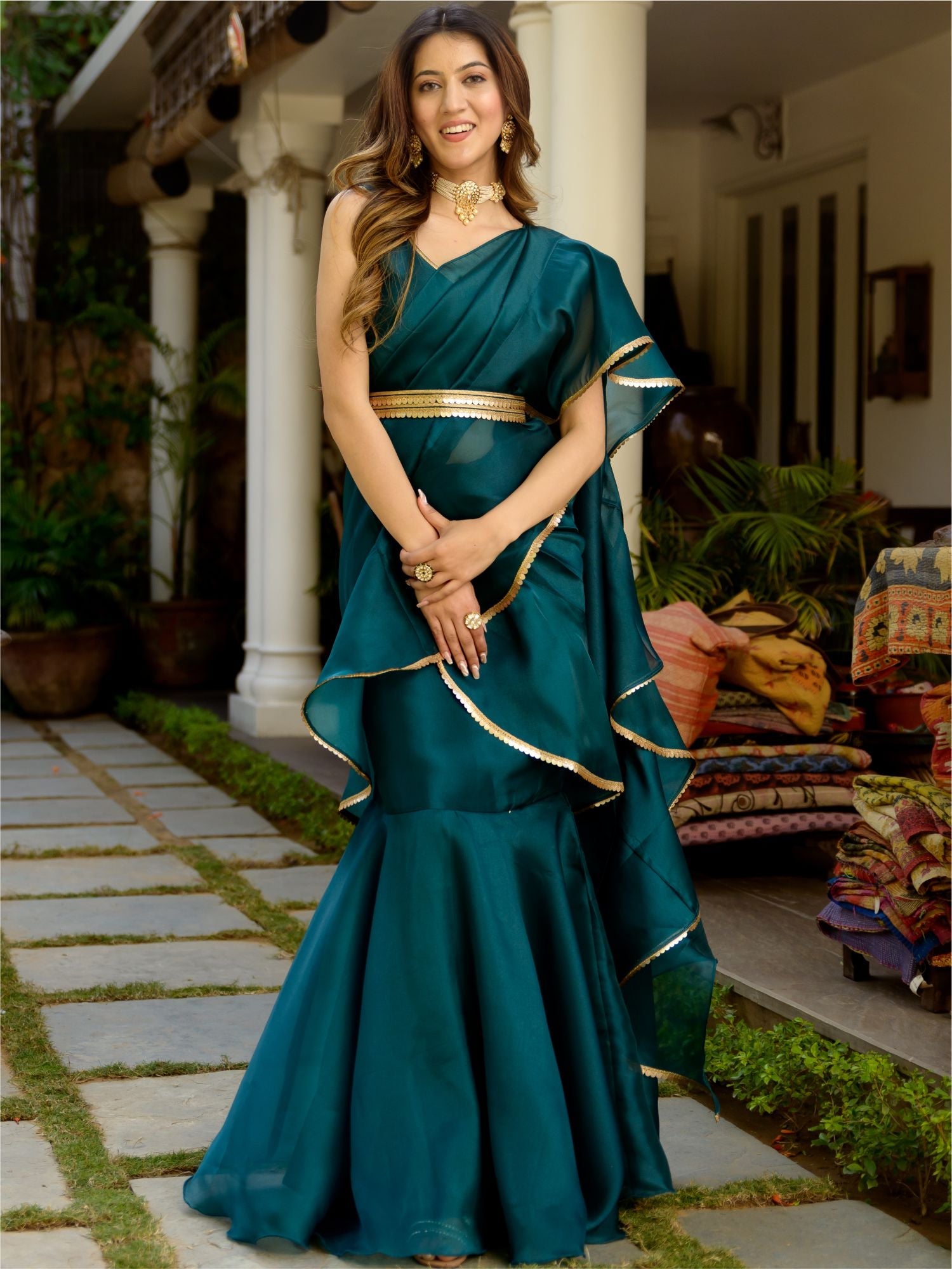 Buy Green Organza Stitched Saree Online - Lavanya The Label XXL Buy Green Organza Stitched Saree Online - Lavanya The Label XXL