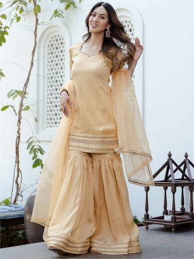 Beige Short Kurta Sharara Set