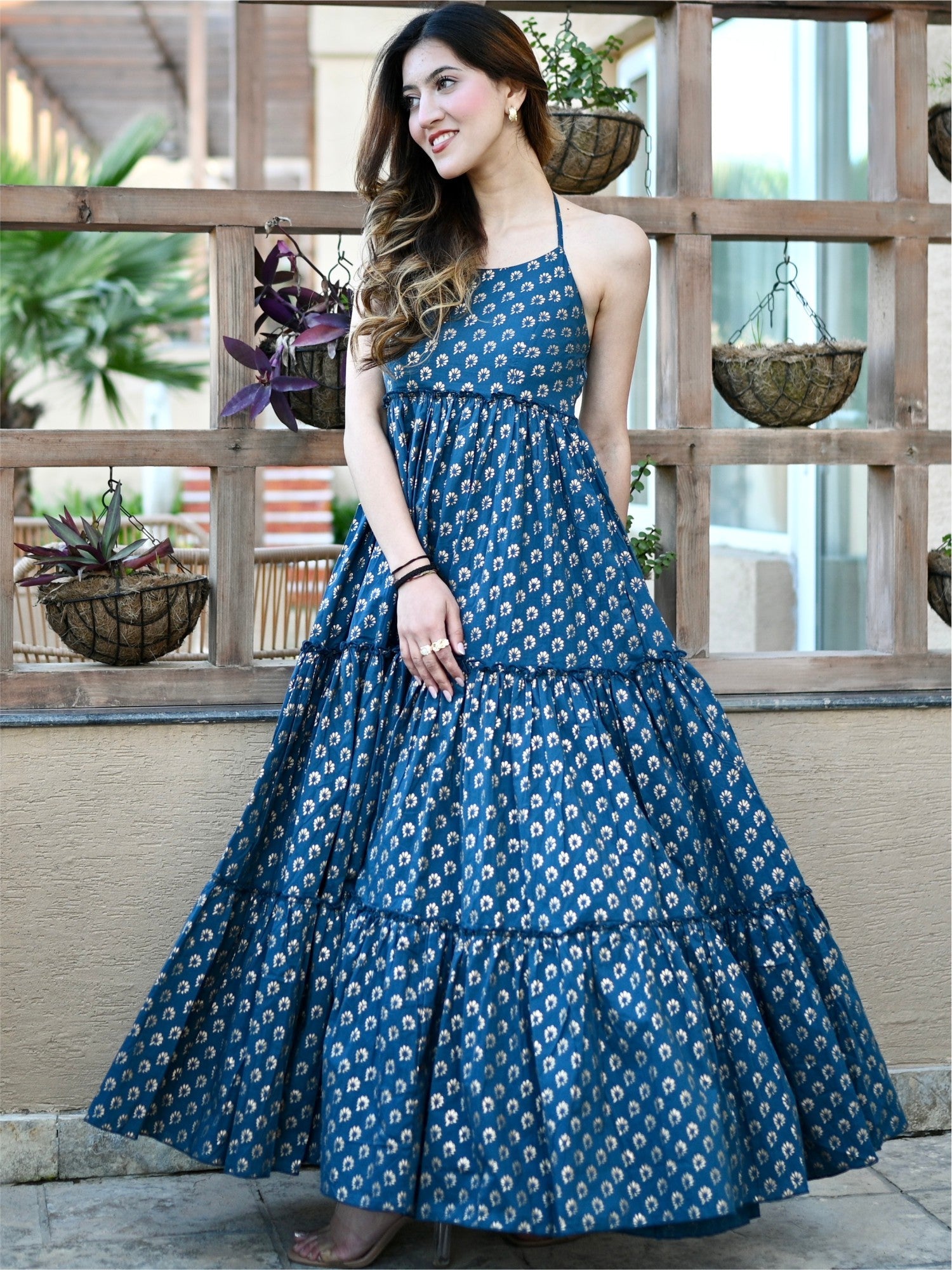 Blue Foil Printed Tiered Dress Blue Foil Printed Tiered Dress