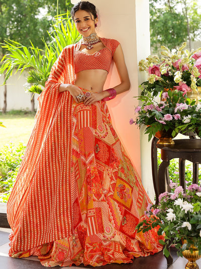 Red Printed Lehenga Set