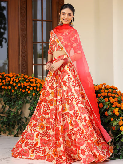 Orange Printed Lehenga Set
