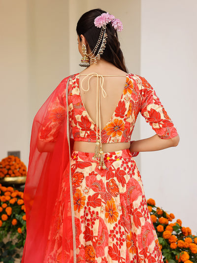 Orange Printed Lehenga Set