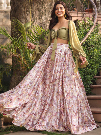 OLIVE GREEN TOP WITH PRINTED SKIRT