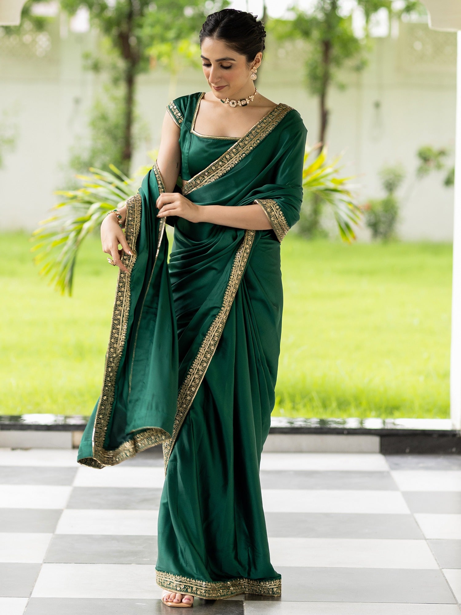 green saree dress Emerald Green Pre Draped Saree With Hand Embroidered Embellished Blouse  Wedding Wear