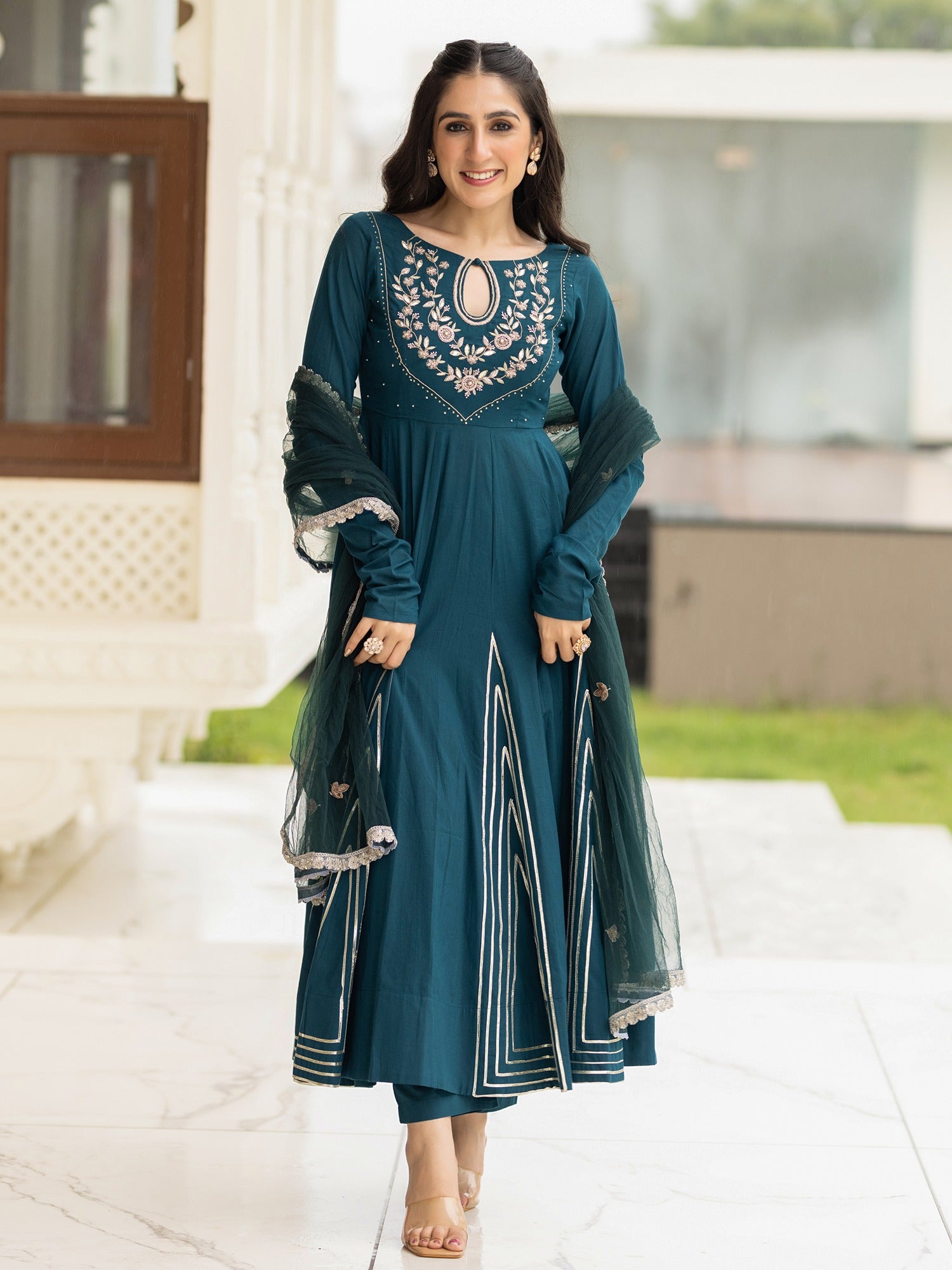 Teal Floral Anarkali Kurta With Gota main image 1