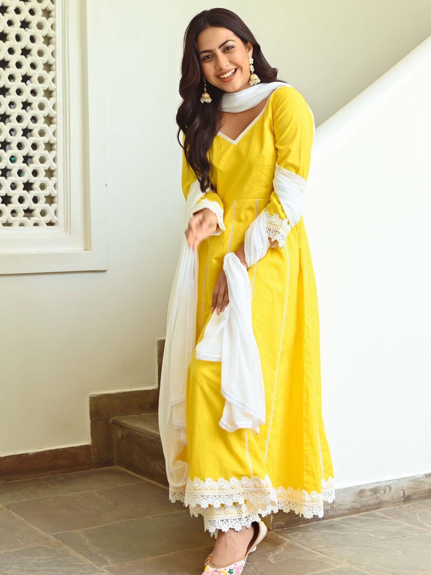 Yellow Cotton Anarkali Set Yellow Cotton Anarkali Set