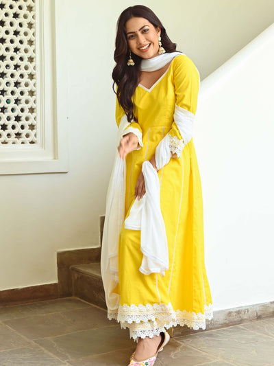 Yellow Cotton Anarkali Set