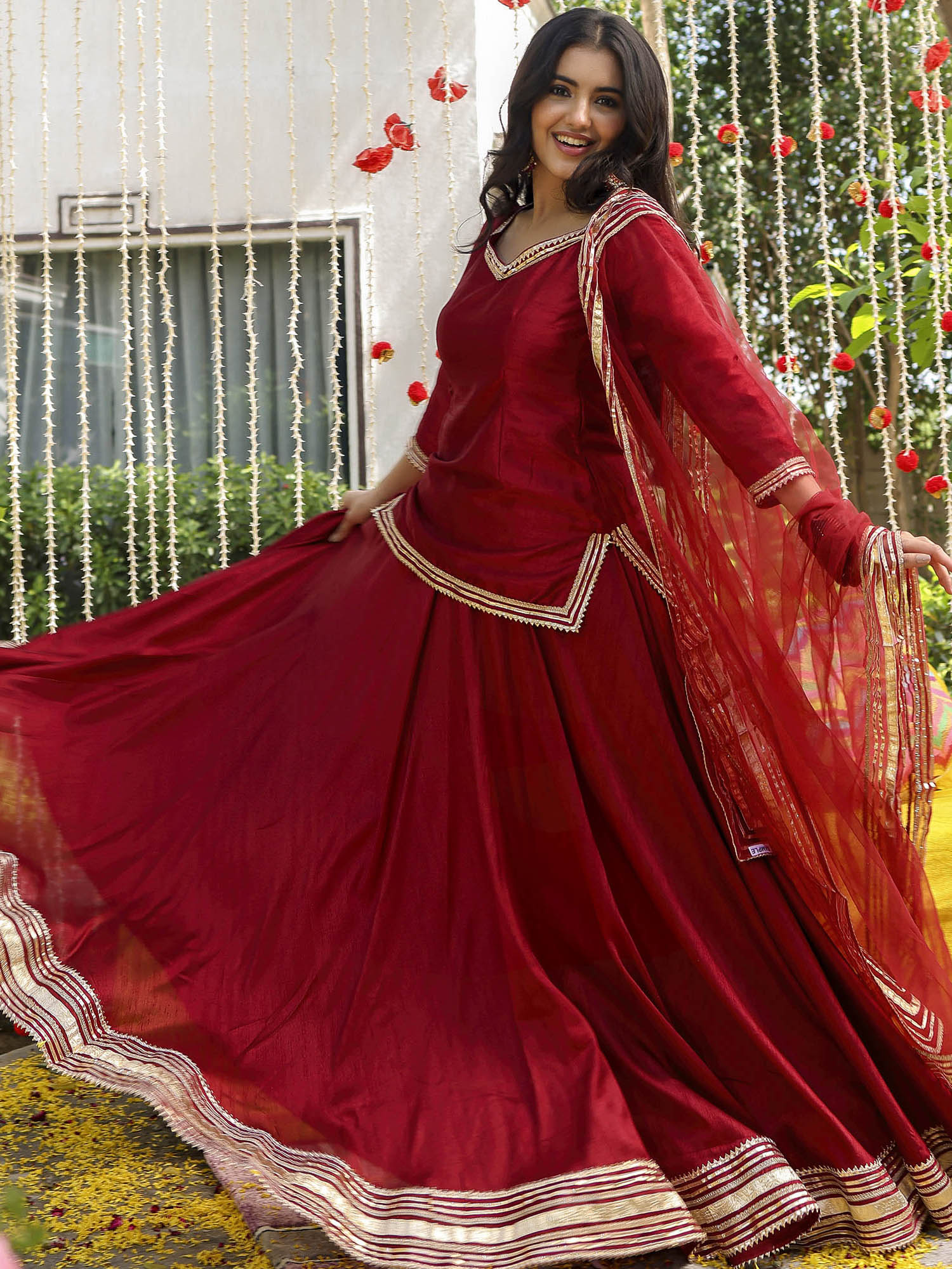 Maroon Short Kurti Lehenga Set