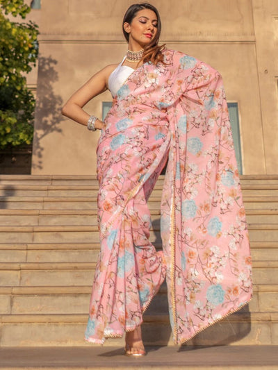 Peach Georgette Saree With Unstitched Blouse