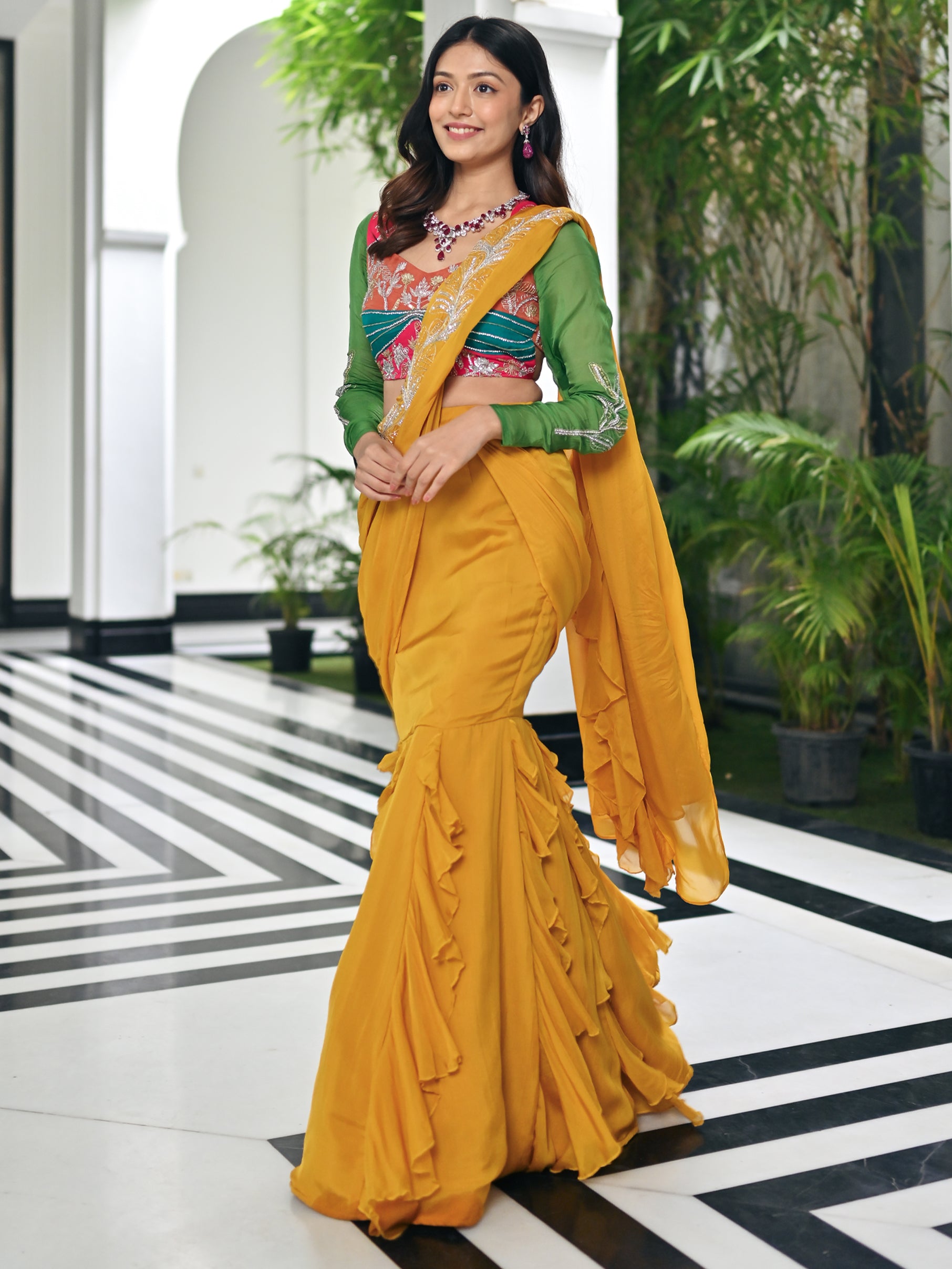 Women's Organza Mustard Embellished Designer Saree With Blouse Piece