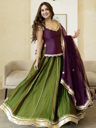 PURPLE PEPLUM BLOUSE WITH GREEN LEHENGA