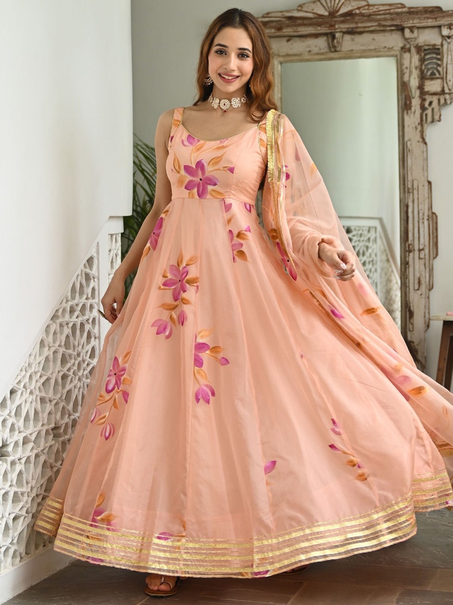 open lace back dress Peach hand paint organza dress with dupatta
