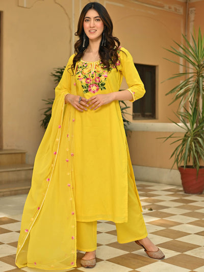 Yellow Cotton Aari Kurta Set