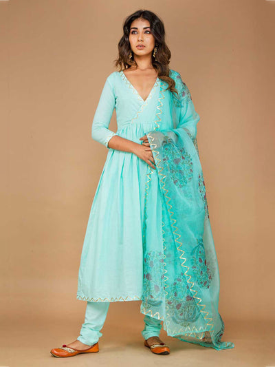 Blue Cotton Suit Set without Dupatta