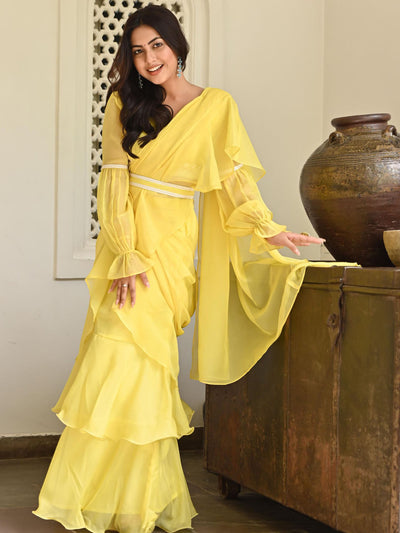 Lemon Yellow Ruffle Saree