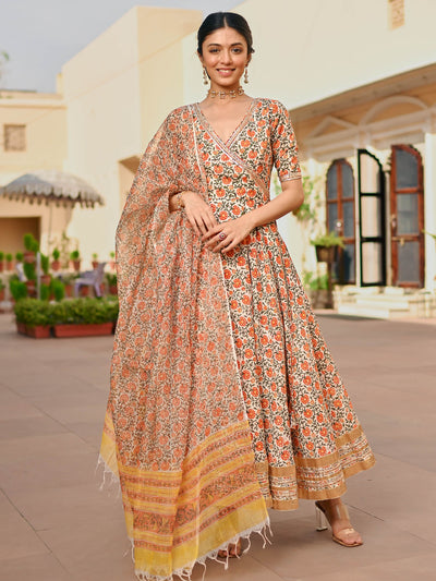 Beige Printed Handblock Anarkali Set