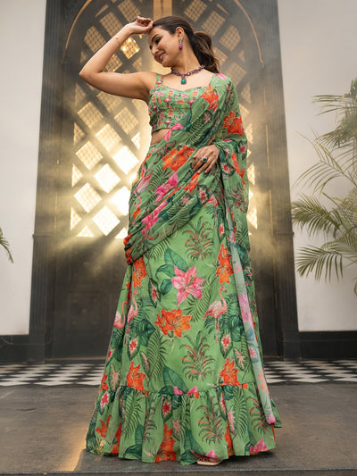 Tropical Radiance Green Pre-drape Saree