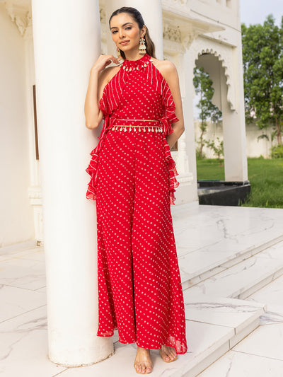 Teej Red Bandhej Jumpsuit