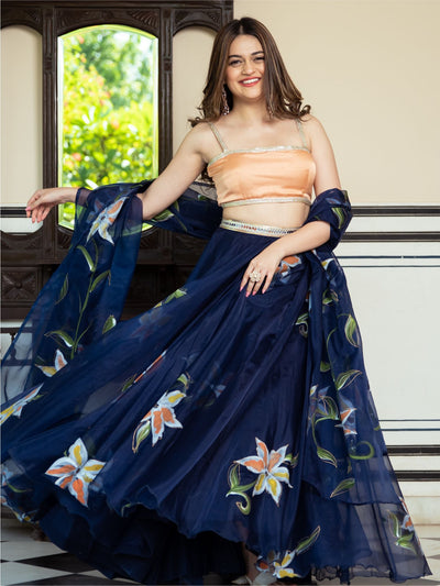 Blue Organza Lehenga Choli Set