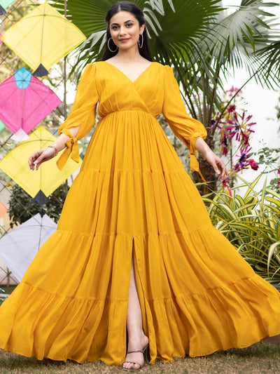 Mustard Yellow Pleated Angrakha Style Floor Length Dress