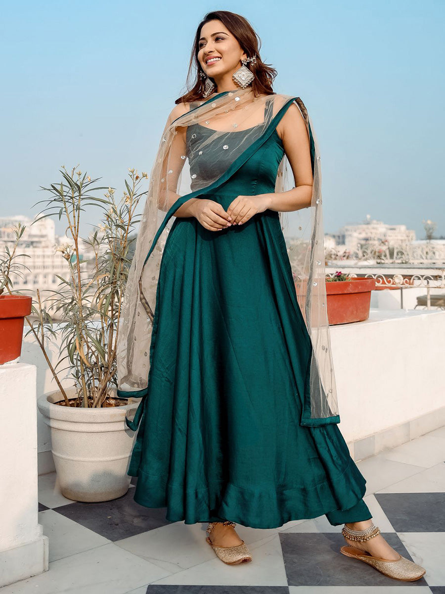 Explore Green Anarkali Silk Suit Set | Lavanya The Label Explore Green Anarkali Silk Suit Set | Lavanya The Label