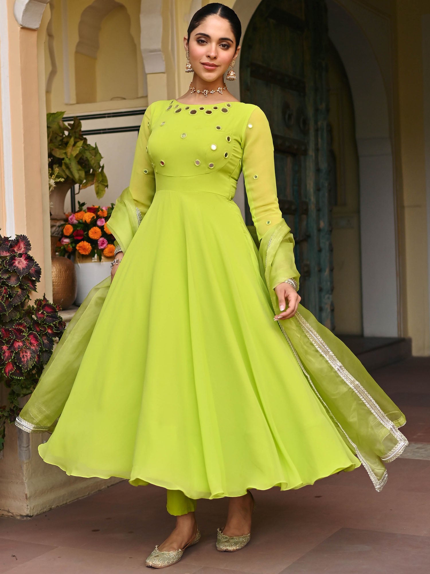 slim fit dress slacks Parrot Green Mirror Anarkali Set