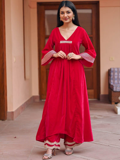 Red Velvet Kurta Set