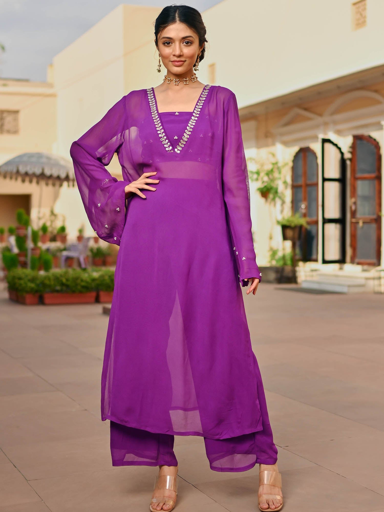 fitted lace wedding dress PURPLE GEORGETTE KAFTAN AND PALAZZO SET