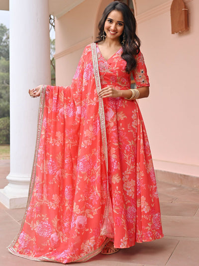 Orange Hand work Printed Anarkali Set