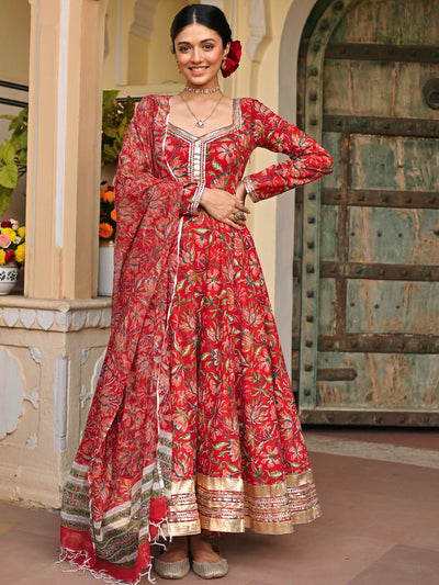 Red Handblock Printed Anarkali Set
