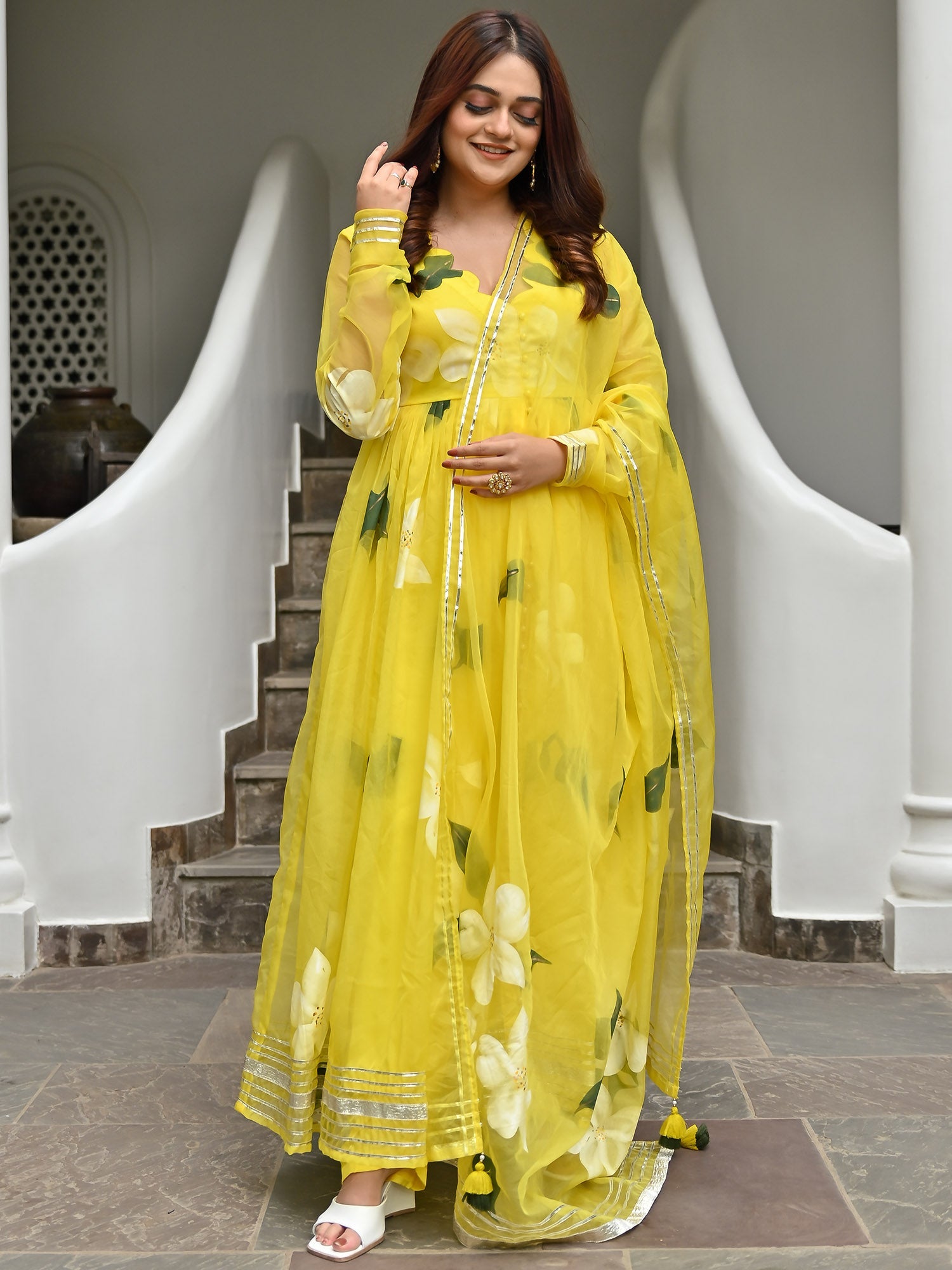 Yellow Printed Strappy Anarkali Set