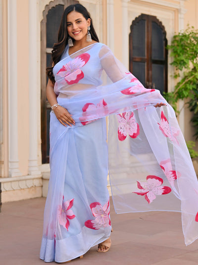 Blue Handpaint Organza Saree