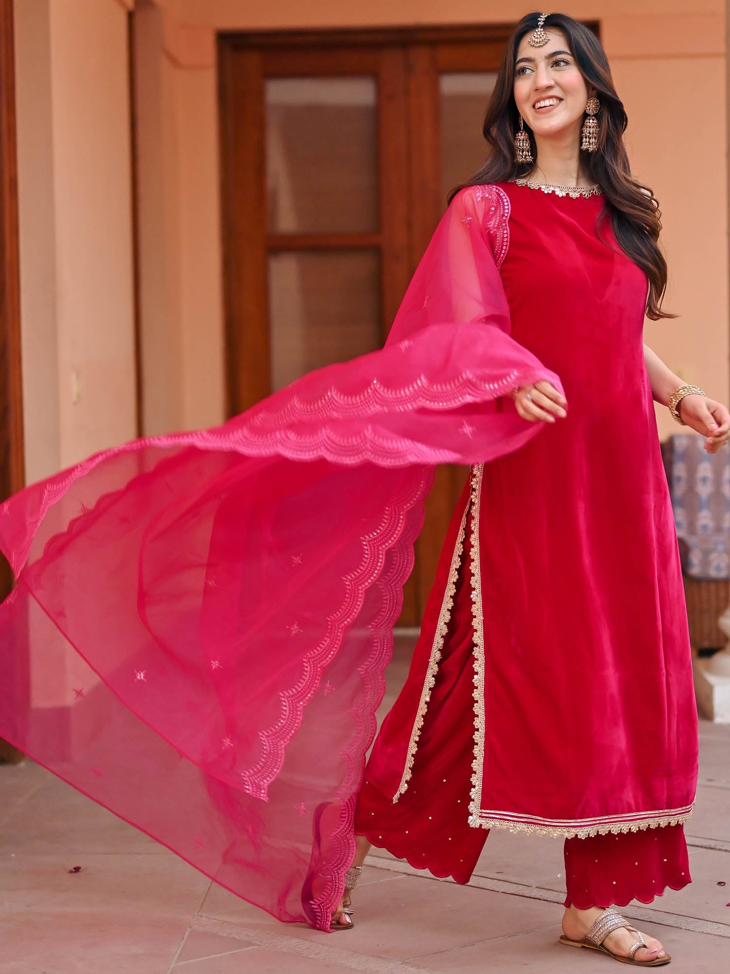 Pink Velvet Kurta Palazzo Set