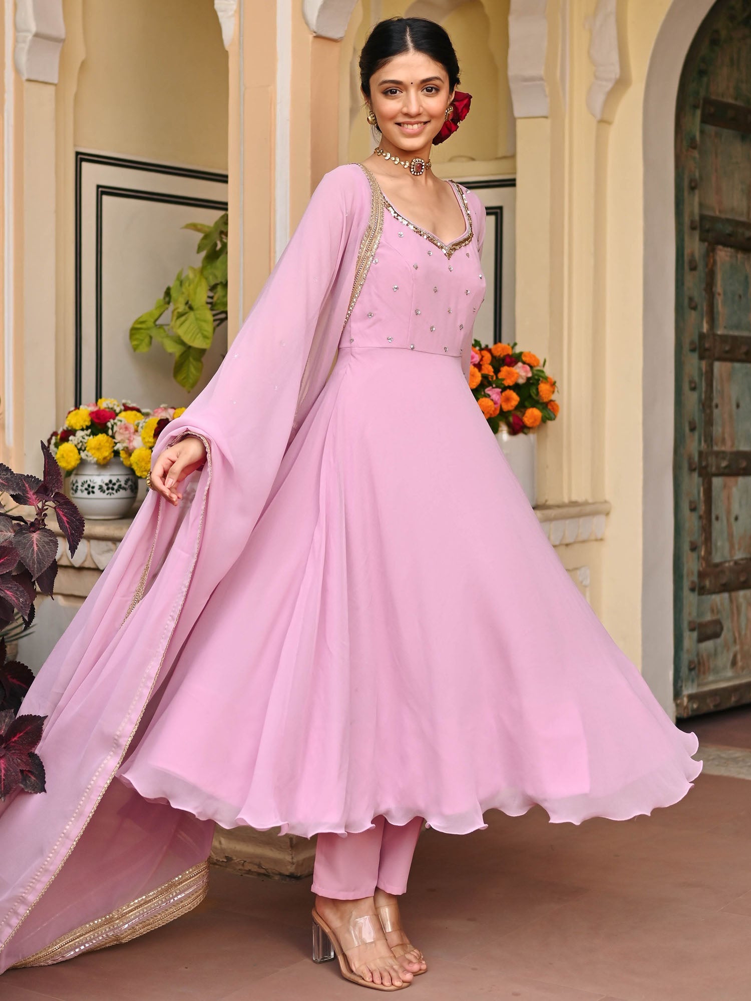 Lavender Handwork Georgette Anarkali Set 