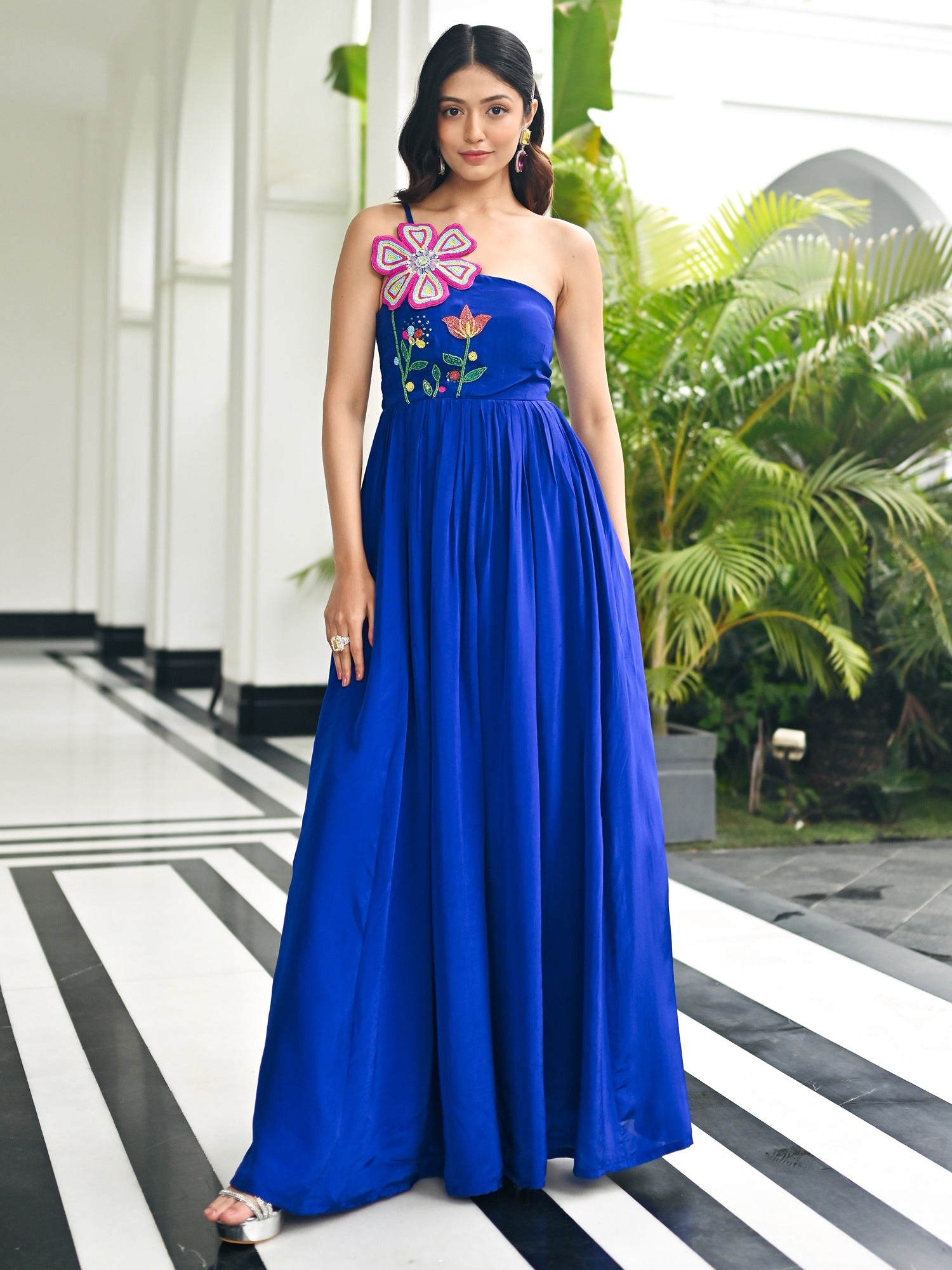 Dark Blue Dress With Pretty Pink Flowers