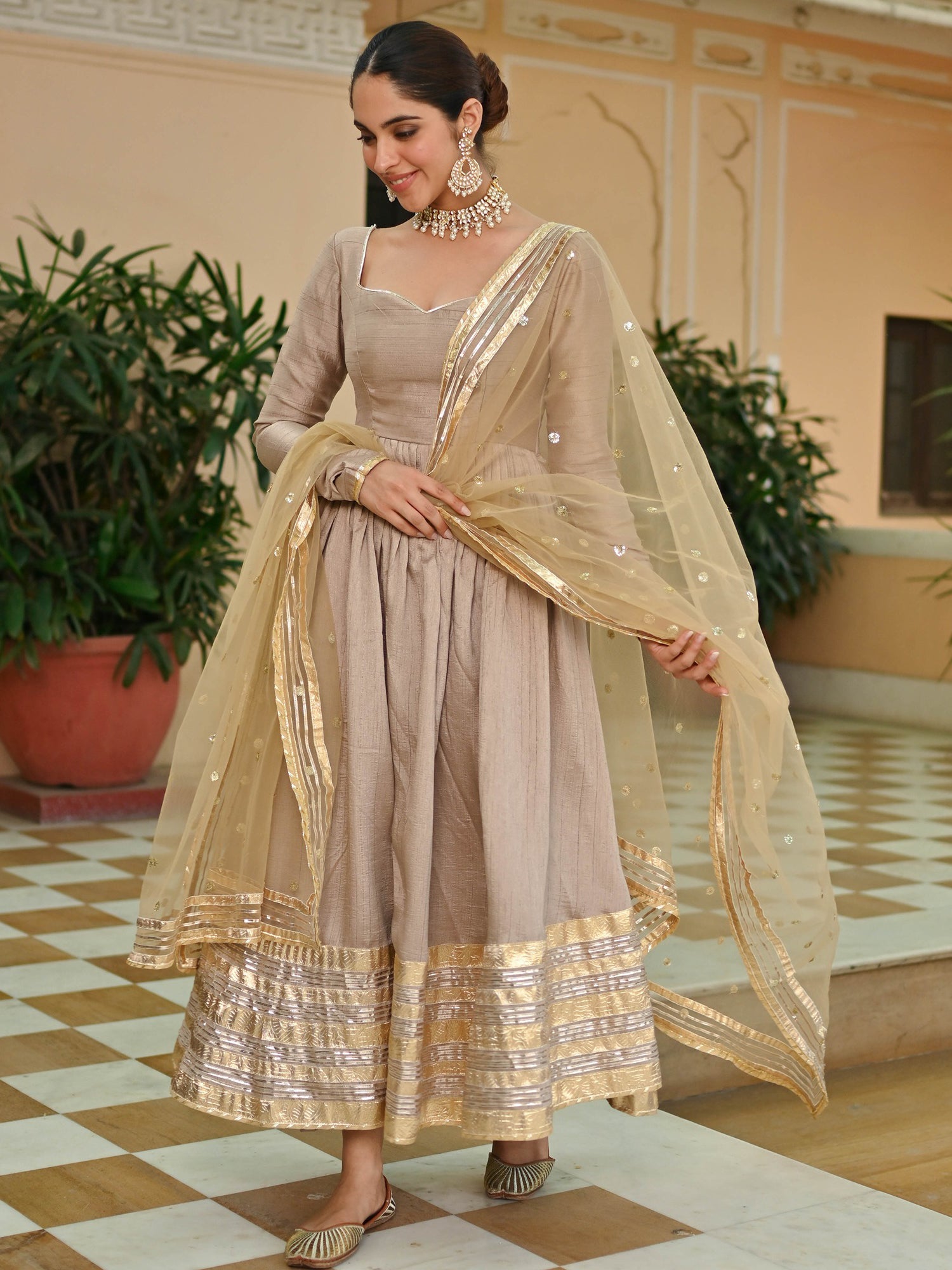 Beige Gold Silk Anarkali set1