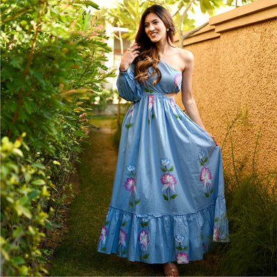 Blue Hand Painted Cut Out Dress