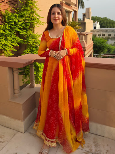 Red and Yellow Bandhani Anarkali