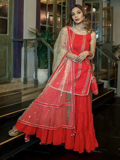 Red Sharara Cotton Two Peice Set