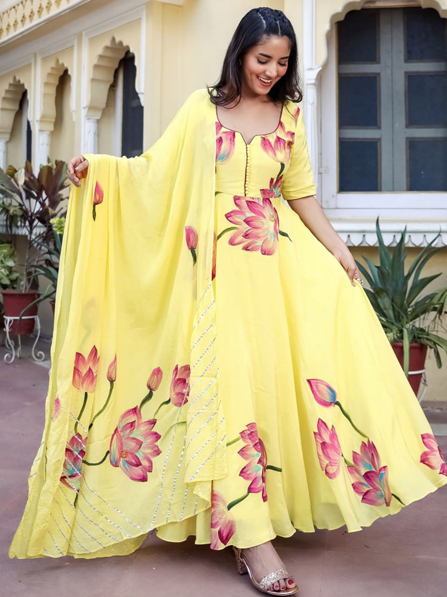 Yellow Silk Anarkali Set - Main Image