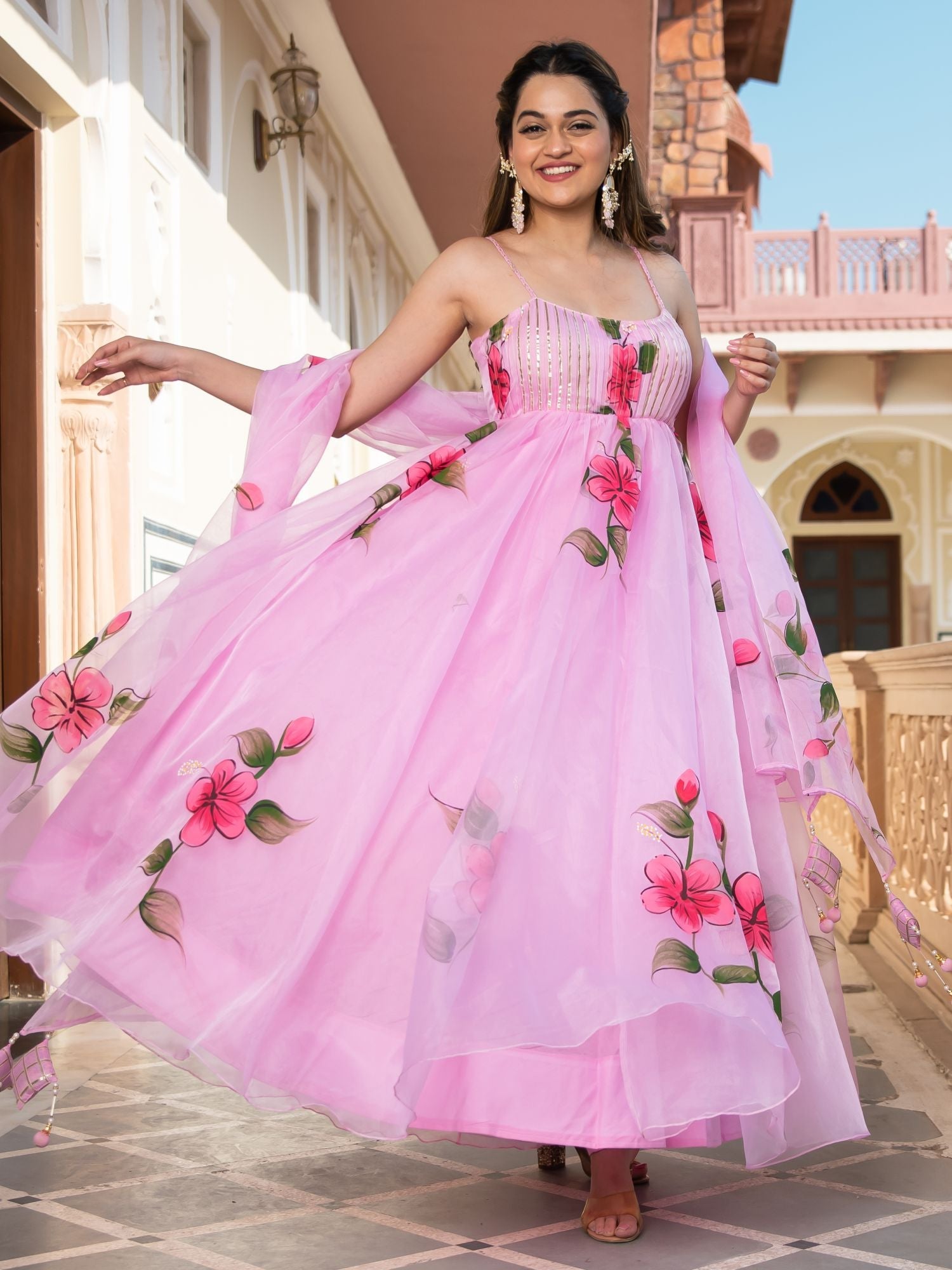 Luxury Floral Printed Organza Anarkali Set