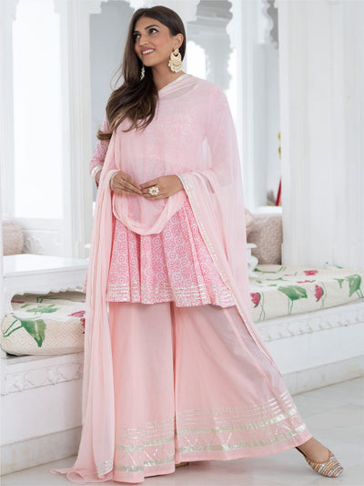 Pink Cotton Printed Kurta and Palazzo Set