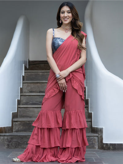 Carrot Pink Georgette Sharara Saree
