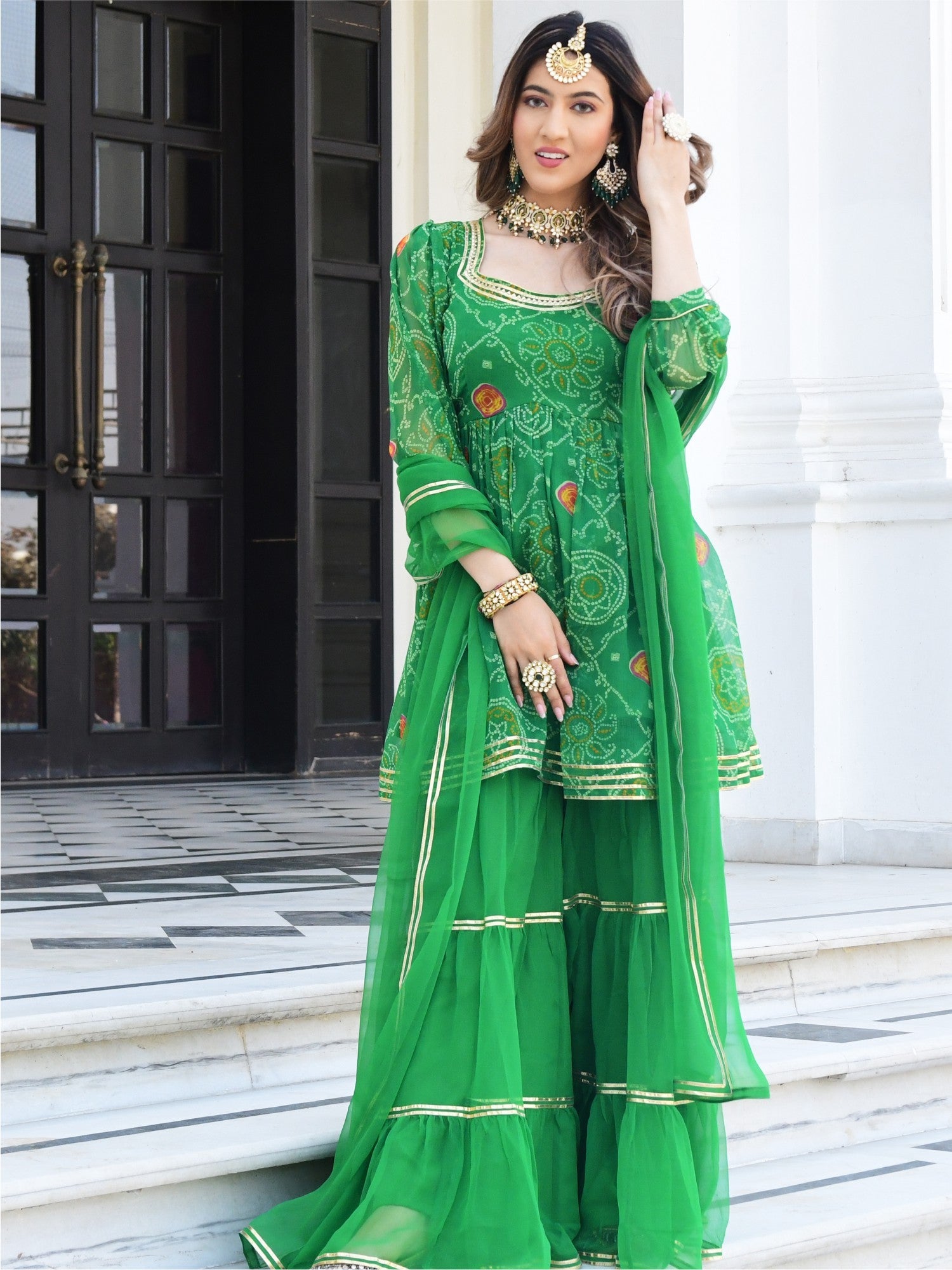 shoes with lime green dress Teal Green Chinon Sharara Dress for Women – Anant Tex Exports Private  Limited main image 0