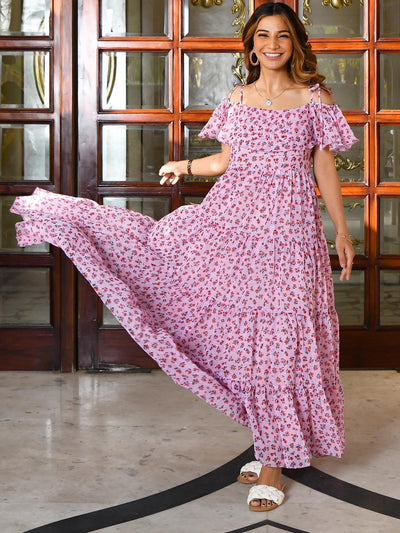Pink Floral Printed Off Shoulder Dress