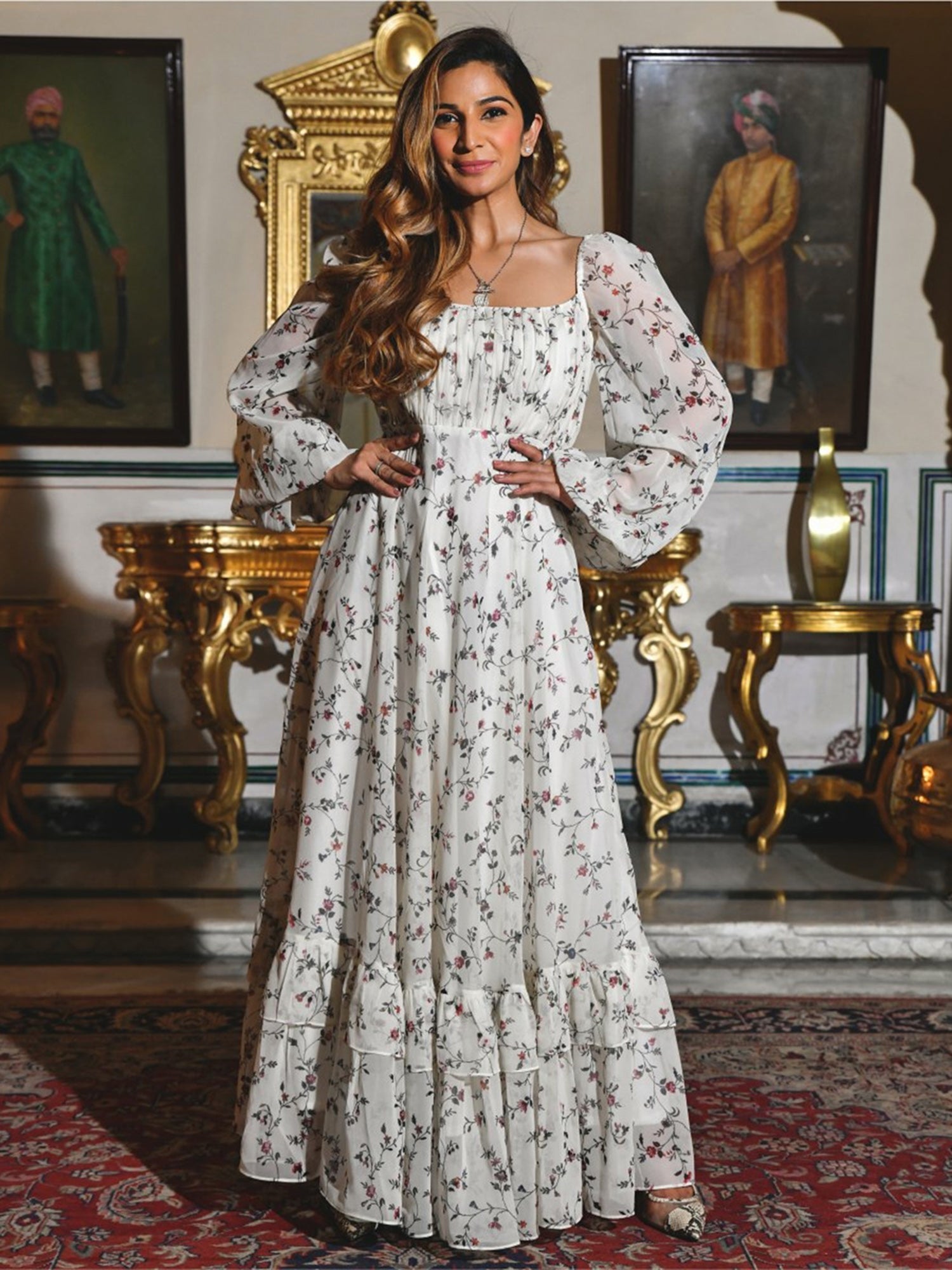 Off White Floral Print Flared Dress - Main Image